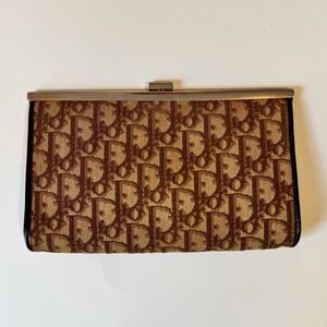 Vintage Dior Clutch Wallet Trotter Monogram Beige Black Leather
